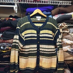 Vintage Christopher & Banks Womens Striped Chunky Knit Cardigan Sweater Size L